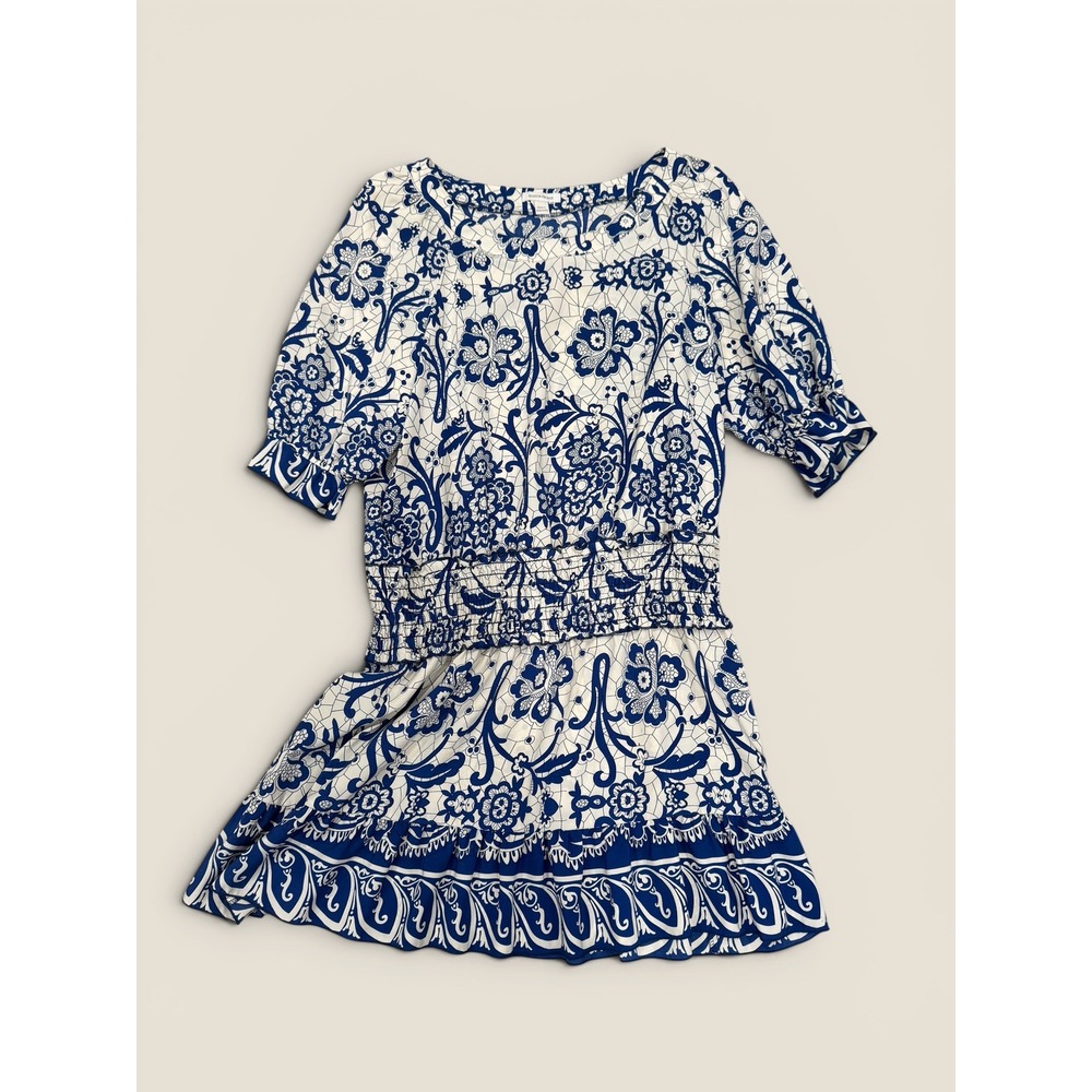 Boston Proper Blue White Floral Damask Smocked Dress Womens Large Puff Sleeve